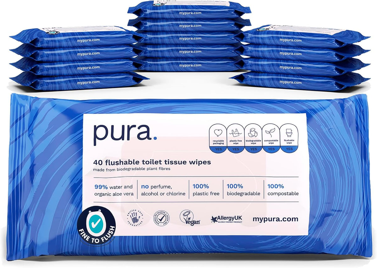 Pura Flushable Moist Toilet Tissue Wipes – 99% Water, 100% Plastic Free, Fine to Flush, Biodegradable & Compostable, 560 Wipes