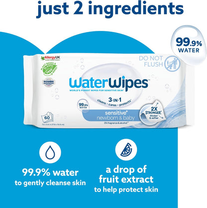 WaterWipes Sensitive+ Newborn & Baby Wipes – 18 Pack | 99.9% Purified Water | Unscented